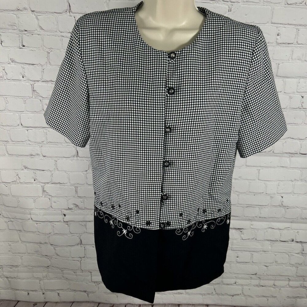 VTG Willow Ridge Black White Check Button Up Embroidered Shoulder Pad Blouse 12